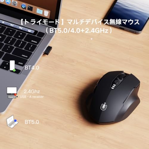 Bluetoothマウス、[アップグレード]マルチデバイスワイヤレスマウス、ビジュアル電池寿命、トライモード（BT 5.0/4.0+2.4G Hz）充電式エルゴノミクスマウス、4レベルDPI調整、ラップトップ/PC用、ブラック （黒い）