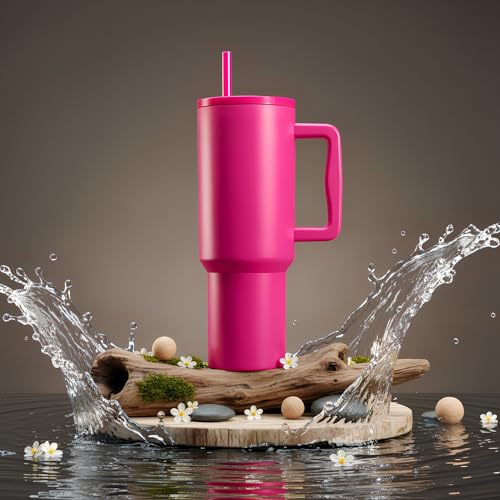 Image of Personalised 1200ml Insulated Stainless Steel Tumbler with Handle and Straw Lid - Large Travel Mug for Coffee & Water, Double Wall Vacuum Cup, Car Cupholder Friendly (Hot Pink)