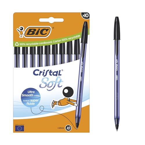 BIC Cristal Soft Bolígrafos Bolitas Punta Media (1,2 mm) con tinta Easy Glide - Negro, Caja de cartón de 10