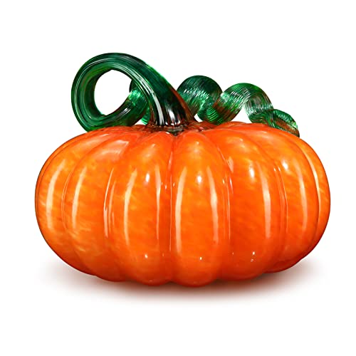 Newtay 5.1 x 5.1 Inch Fall Glass Pumpkin Thanksgiving Blown Pumpkin Table Decor Harvest Glass Figurine Spotted Crafts for Fall Thanksgiving Halloween Decor (Orange)