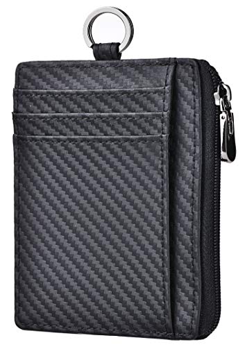 kinzd Slim Minimalist Zipper Credit Card Holder Leather Front Pocket Wallet with Keychain Ring Lanyard Strap