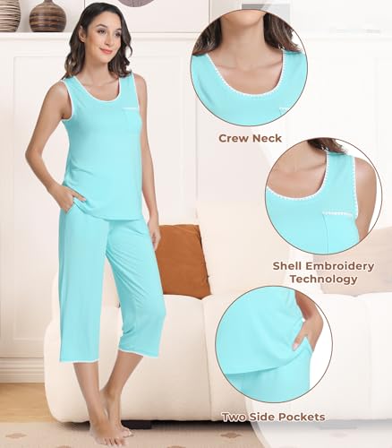 Image of NACHILA Women's Pajamas Set-Viscose Made From Bamboo, Sleeveless Pj Tank Top Capri Pants Soft Sleepwear Cooling Sleep Sets