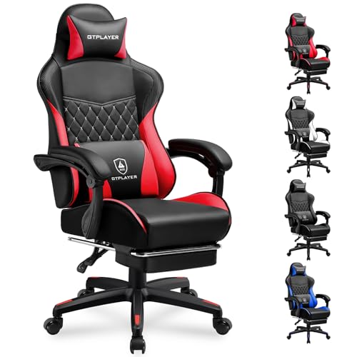Image of GTPLAYER Gaming Chair, High Back Leather Computer Gaming Chair with Footrest, Ergonomic Height Adjustable Office Chair with Removable Cover and Lumbar Support for Gaming & Work,RED
