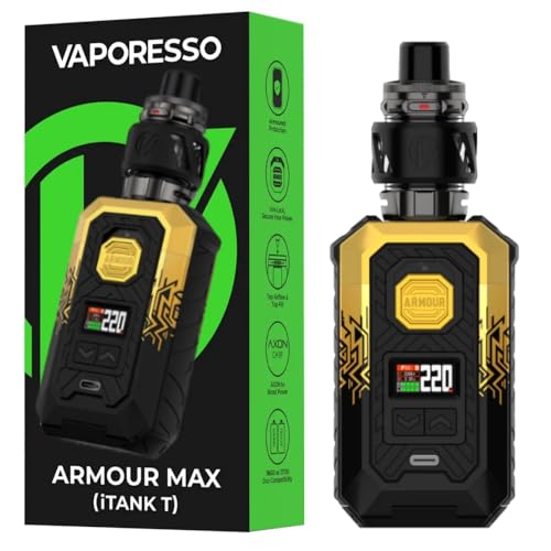 Vaporesso ARMOUR MAX Kit[ iTank T Edition ] 220W Armour Max Mod with 6 ml Top Tilling itank T Atomizer, Support GTI Coil (0.2Ω/0.4Ω), no Battery, no nicotine (ARMOUR MAX Kit（itank T) Cyber Gold)