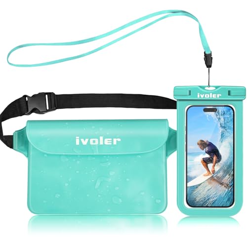 ivoler Set de Bolsa Waterproof con Riñonera Impermeable Bolsa Cintura y Funda Móvil Impermeable para Playa Natación Canotaje Pesca, Protección Teléfono Móvil, Cámara, Documento, Pasaporte (Verde)