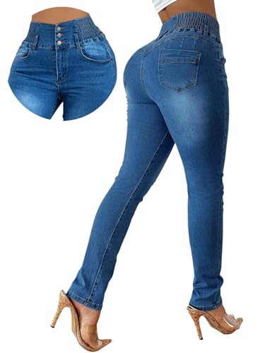 Colombian Jeans Women Butt Lifting Elastic Waist High Waisted Jeans Tummy Control Stretchy Skinny Pants Light Blue