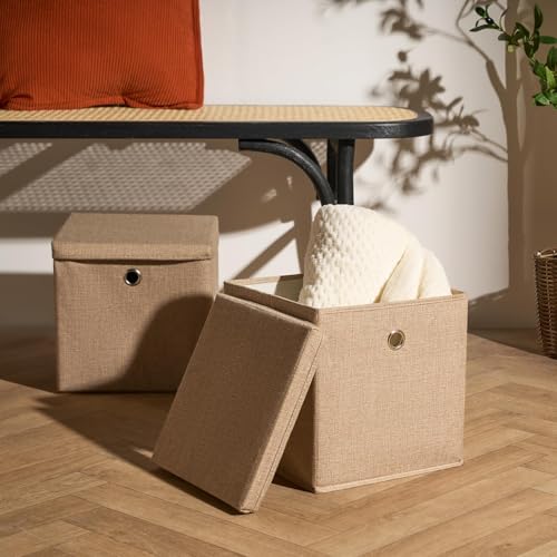 OHS Set of 2 Faux Linen Collapsible Storage Box Home organizer Toys Clothing Bathroom Pop Up Foldable Storage Boxes with Lid Space Saving Cube Storage Unit Boxes, Natural