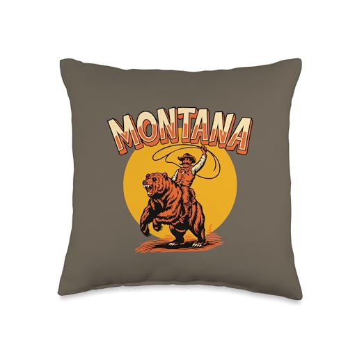 Montana Souvenir Funny Cowboy Riding Grizzly Bear Throw Pillow