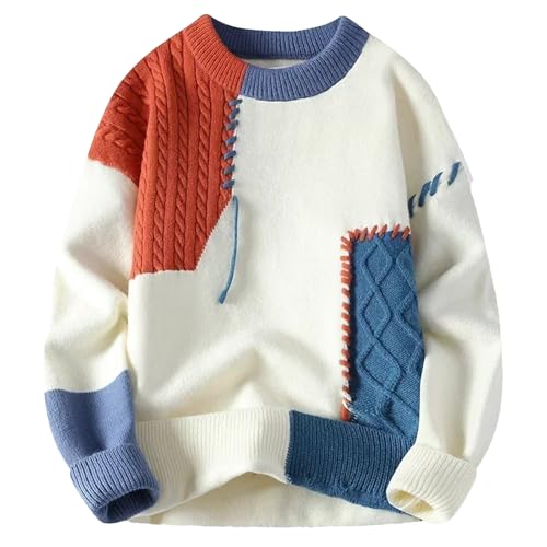 Men’S Korean Style Patchwork Pullovers Knit Sweater Round Neck Long Sleeve Slip-On Computer Knitted Jumper Tops