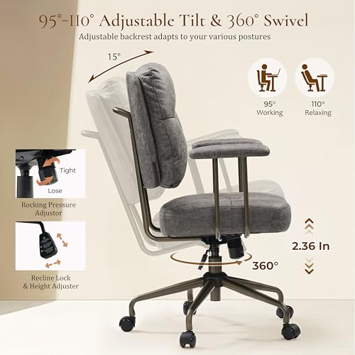 Image of EUREKA ERGONOMIC Becky Home Office Desk Chairs Leather, Comfy Office Chair with Lumbar Support and Arms, Mid-Back, Comfortable Thick Cushion, Height Adjustable, Mid-Century Modern, Gray