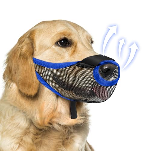Dog Muzzle, Soft Air Mesh Muzzles for Medium Sized Dogs, Breathable Dog Mussels for Scavenging Biting Licking & Barking, Adjustable Mouth Guard with Front Opening, Allows Panting and Drinking(Blue,M)