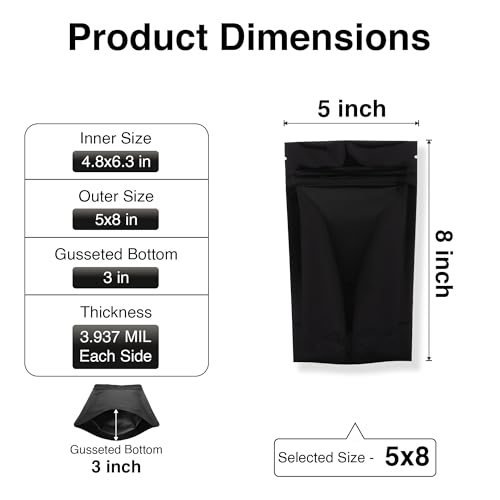 Image of BELLE KR 100pcs Black Mylar Bags with Gusseted Bottom - Extra Thick 3.937 Mil - 5 inchx8 inch Resealable Stand Up Mylar Ziplock Bags with Label Stickers