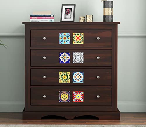 Image of Sheesham Wood Tile Chest of Drawers 4 Drawers Wooden Dresser with Storage Organizer for Bedroom Living Room Home (Walnut Finish)