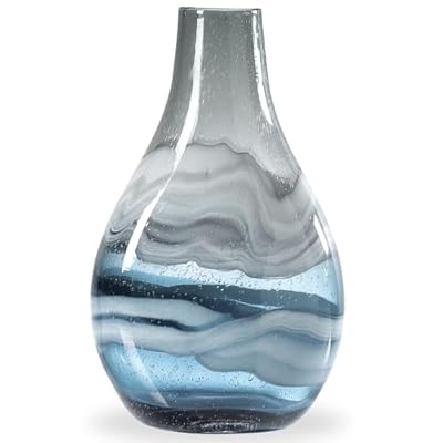 Torre & Tagus Andrea Large Vase for Flowers (Blown Blue Glass) - 14" Tall Teardrop Blown Glass Vase for Decor with Coastal Swirls & Bubble Patterns, Thick Decorative Glass Vase for Table Centerpiece