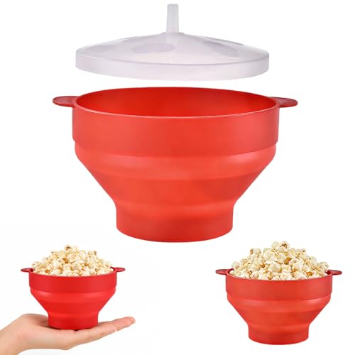 Contenedor de palomitas de maíz plegable de silicona con tapa, Popper Bowl, sin Bpa, sin aceite, para microondas, hogar, cocina, fiesta (Red)