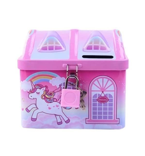 GOLD MAX Cute & Colorful Unicorn Printed Metal Piggy Bank with Secure Lock & Keys for Kids, House Shaped Money Saving Storage Coin Collection Box for Girls, Children (Pack of 1, Multicolor,Classic)
