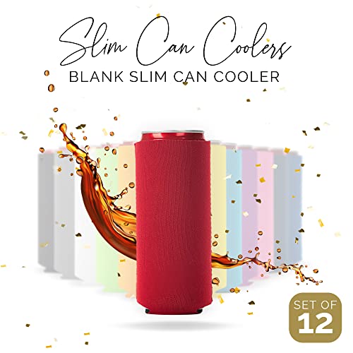 Image of Slim Can Cooler Sleeves 12 Pack- Blank Foldable Neoprene 12oz Can Insulators - Skinny Beverage Coolers for Beer & Soda - Sublimation-Ready (Assorted)