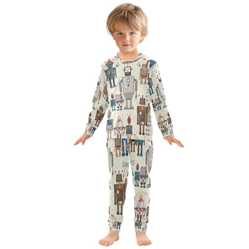 Cartoon Retro Robot Pajama Sets Long Sleeve Top with Pants Cotton Soft Sleepwear 2 Piece Pjs Set, 6 Years 0ld4