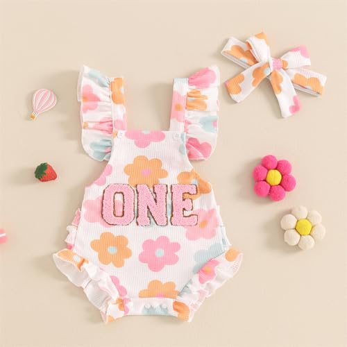 Baby Girl First Birthday Outfit Ruffle Sleeveless Backless Romper Floral Bodysuit 1st One Birthday Cute Clothes2
