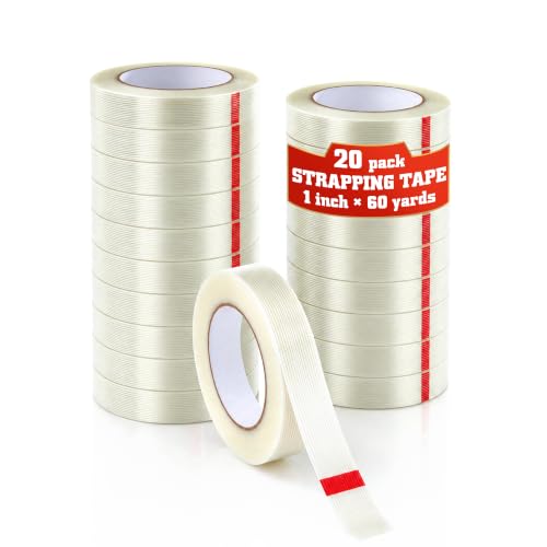 Image of Filament Strapping Tape 1 Inch x 60 Yards, 20 Rolls 4.7 Mils Fiberglass Reinforced Heavy Duty Packing Tape, High Tensile Strength for Shipping, Bundling, Moving & Industrial Packing