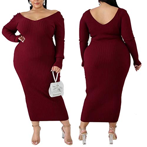 Image of Women's Plus Size Sexy Long Sleeve Maxi Sweater Off Shoulder Knit Dress