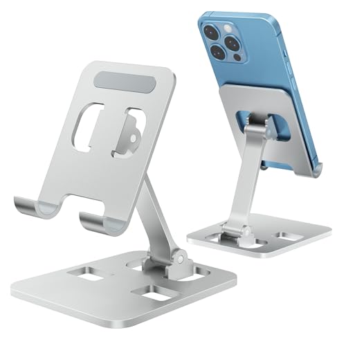 Anifrim デュアルフォールディング携帯電話ホルダー、耐久性のあるアルミニウム合金製、コンパクトで軽量、デスク、ゲーム、動画視聴に最適なポータブル携帯電話スタンド、すべてのスマートフォンに対応 - シルバー