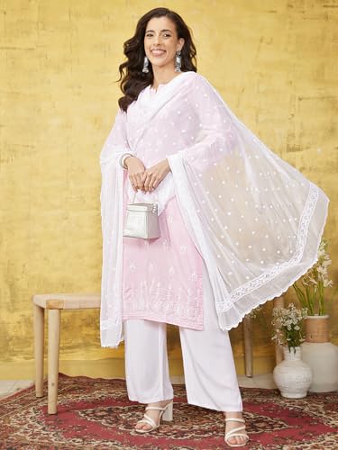 Ada Hand Embroidered Indian Chikankari White Chiffon Dupatta Stole for Women A5112154