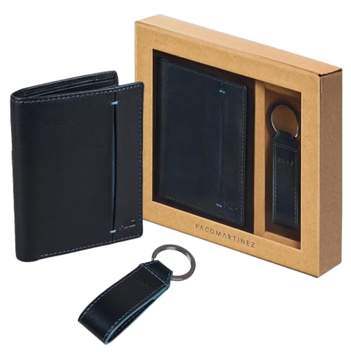 PACO MARTINEZ Set de Regalo para Hombre, Caja Regalo con Cartera Billetero para Hombre y Llavero Plano a Juego en Color Negro con Detalles en Azul, Idea de Regalo de Cumpleaños, Aniversario o Navidad