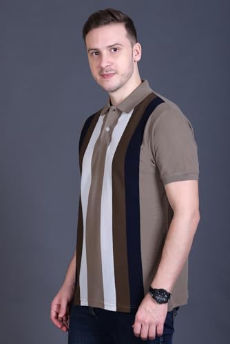 Image of GODFREY Striped Tshirt Shirts Men Cotton Polo T Shirt for Man with Pocket - Regular Fit Half Sleeve Collar T Shirts for Men
