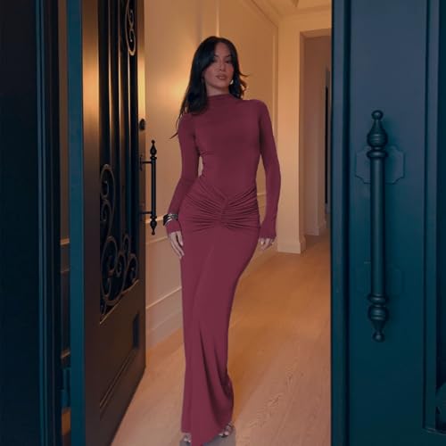 Image of Women's Sexy Turtleneck Long Sleeve Maxi Dress Elegant Ruched Bodycon Long Dress Casual Party Dresses