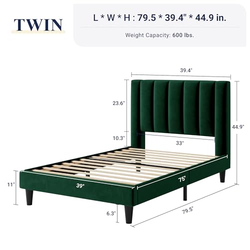 Image of Allewie Twin Bed Frame /Velvet Upholstered Bed Frame with Vertical Channel Tufted Headboard /Strong Wooden Slats /Platform Bed Frame /Mattress Foundation /Box Spring Optional /Easy Assembly /Green