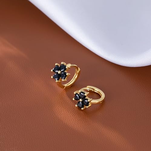 Reffeer Solid 925 Sterling Silver CZ Clover Flower Hoop Earrings Huggie for Women Teen Girls Black Clover Hoop Earrings Shamrock4
