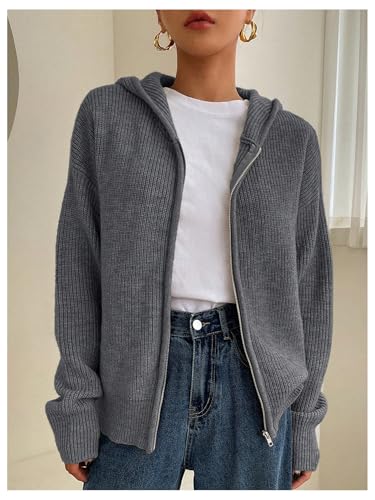 Image of SOLY HUX Zip Up Cardigan for Women Hooded Cardigan Sweater Knitted Drop Shoulder Fall Clothes Winter Hoodies Outerwear