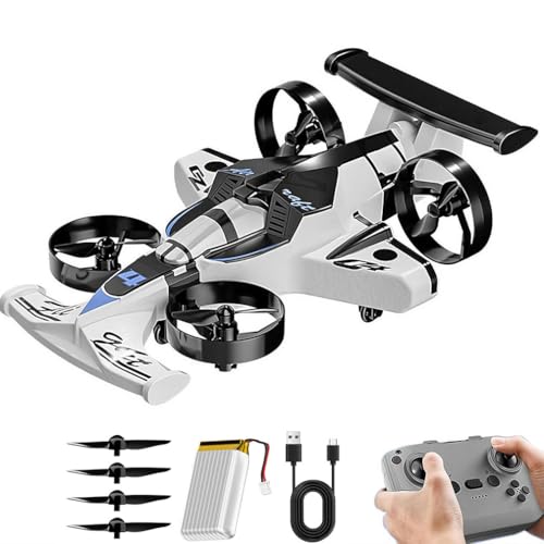 RC Plane Drone for Kids, 2 in 1 Land and Air 360° Aircraft High Speed Drift Cars with Remote Control & LED Lights, 2.4GHz RC Car Quadcopter, 4DRC Mini Drone, Helicopter Plane for Kids/Adults (White)
