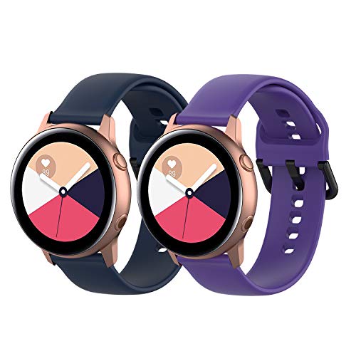 Seltureone (2 Pack) 20mm Solid Color Silicone Band Compatible for Samsung Galaxy Watch Active 2, Soft Silicone Replacement Wristband (S)- Navy, Purple