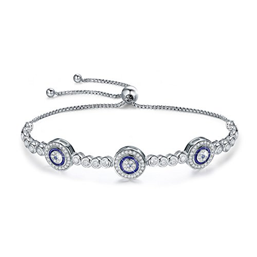 BISAER 925 Sterling Silver Blue Evil Eye Bracelet with Cubic Zirconia Hamsa Adjustable Chain Bracelets for Women