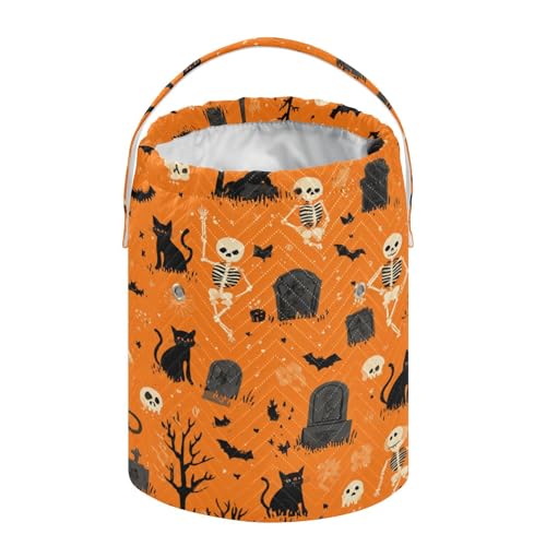 Image of ElliTarr Crochet Bag Yarn Bag with Handle Portable Knitting Project Bag Travel Yarn Storage Organizer Holder Case Halloween Orange Skeletons Cat Bats Tombstones Trees