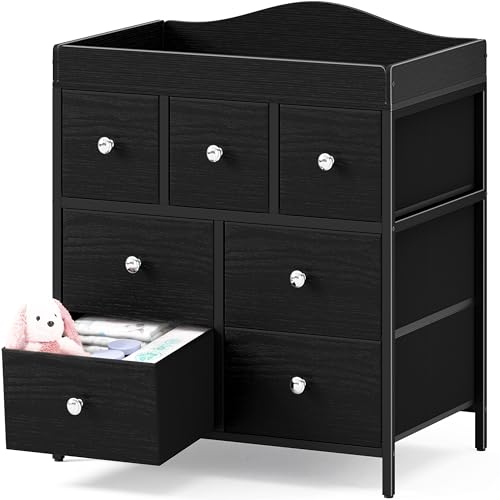 Image of BOLUO Changing Table Dresser with Storage, Baby Dresser with Changing Table Top Diaper Changing Station with 7 Fabric Drawers for Nursery Modern