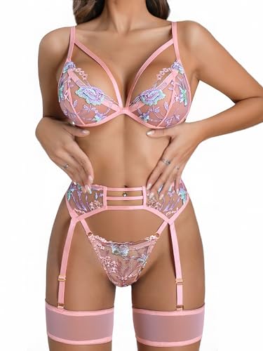 Image of popiv Women's Sexy Lingerie Set with Garter Belt Matching Bra and Panty Lingeries Sets 4 Piece