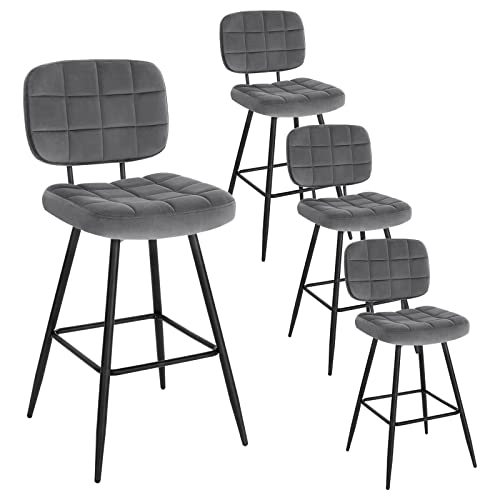 EUGAD Lot de 4 Chaises de Bar, Tabouret de Bistrot avec Dossier, Repose-Pieds, Siège Rembourré en Velours et Métal, Gris Foncé, 1043BY-4
