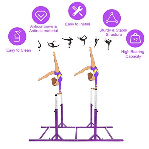 Costzon Double Horizontal Bars, Junior Gymnastic Training Parallel Bars w/11-Level 38-55" Adjustable Heights, 264lbs Capacity, Ideal for Indoors, Outdoor, Home Practice (Purple)