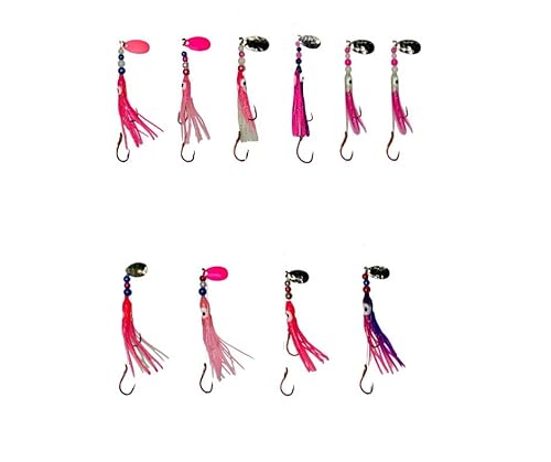 KOKOPROS Think Pink Hoochies 10 Pack -Glow Fresh Water Kokanee Salmon Trolling Lures with Pre-Rigged Octopus Hooks - Spinner Blades