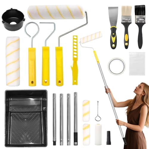 Set di rulli colorati con asta telescopica, set da 18 pezzi con asta telescopica da 1,2 m, rullo da pittore, pennello, telaio di pulizia, raschietto e vaschetta di vernice, rullo per pittura da parete