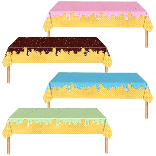 Image of Ice Cream Party Supplies 4Pcs Ice Cream Table Cloth 54 inch X 108 inch Disposable Rectangular Plastic Tablecloth Ice Cream and Popsicle Themed for Birthday, Party, Holiday
