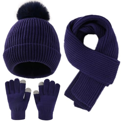 Kid Boy Girl Beanie Hat Scarf Touchscreen Gloves Set Warm Knit Cap with Pompom Long Scarf Neck Hand Warmer
