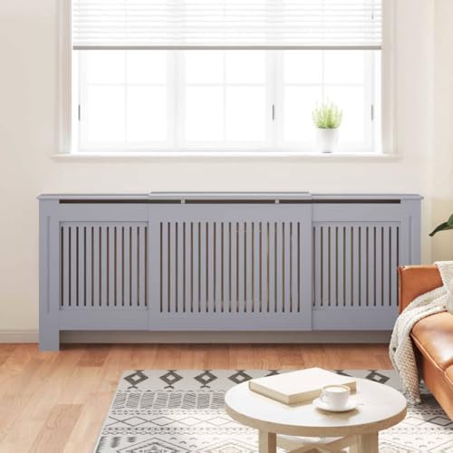 Image of Radiator Cover 2 pcs Grey 80.71 x 8.07 x 32.09 in Engineered Wood Water Resistant Material Efficient Heat Flow with Vertical Slats and Flat Top Shelf for Storage and Safety