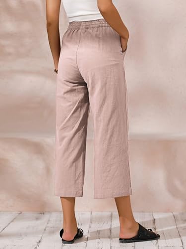 Image of ECUPPER Womens Cotton Cropped Pants Loose Fit Wide Leg Trousers | Casual, Plus Size, Elastic Waist, Capri, 100% Cotton, Slant Pockets, High Rise Waist, Lounge Pants