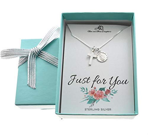 MOM & THREE DAUGHTERSTiny Cross and Virgin Mary Necklace in Sterling Silver on a 14" Sterling Silver Chain. 11mm x 9mm Virgin Mary. 15mm x 7mm Cross. Little Girl's Jewelry. Easter Gift. Goddaughter Present. Lent.