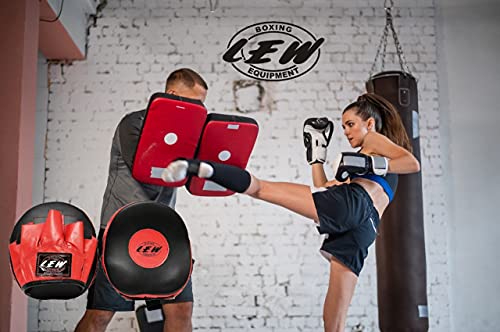 Image of LEW Pre-Curved Genuine Leather Focus Pads for Boxing & Kickboxing Training - Black & Red | Curved Punch Mitts for MMA, Muay Thai, Sparring & Martial Arts Practice (Black & Red)