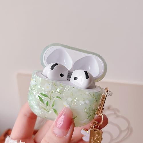 Image of MINSCOSE for Cute Glitter AirPods 4 Clear Case,Shell Pattern Pretty Flower Aesthetics Design with Girly Floral Keychain,Soft TPU Protective Cover with Cleaner Kit for Girls Women for AirPods 4-Green